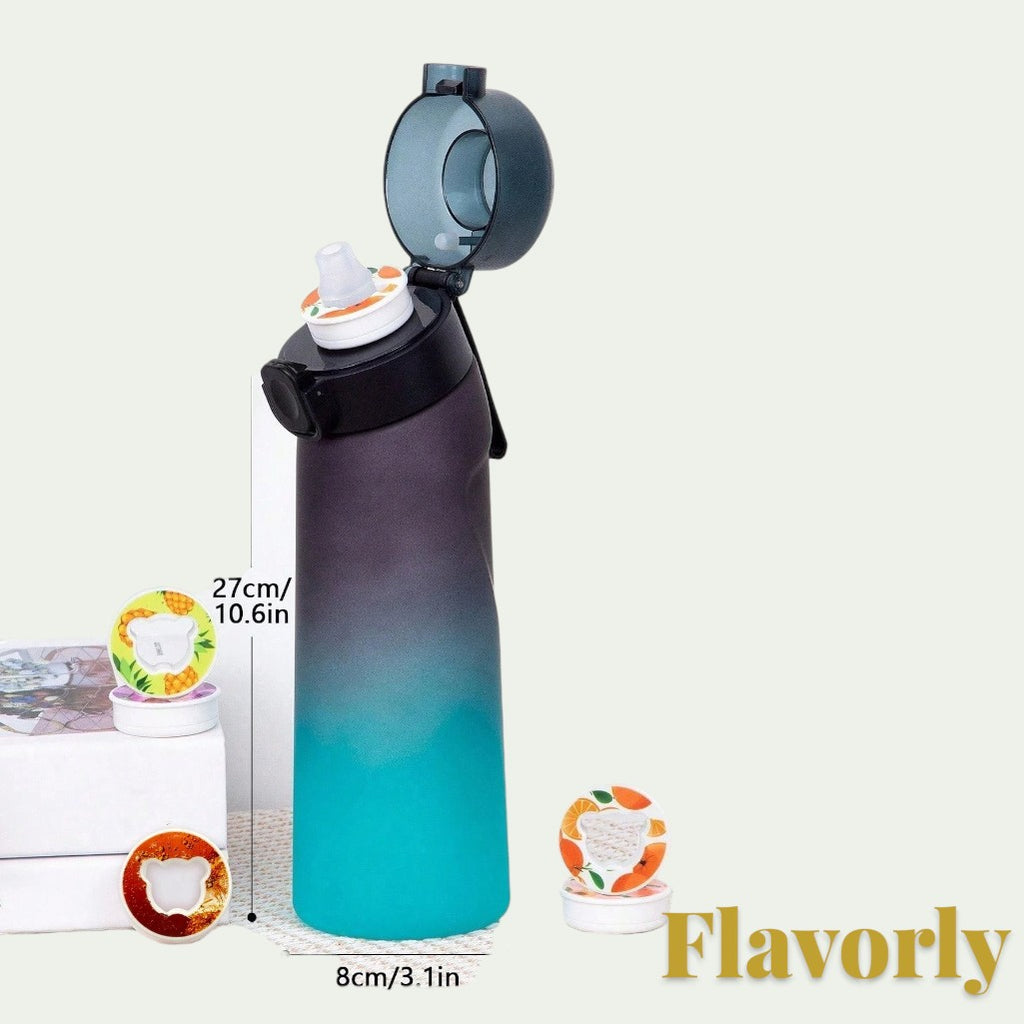 Gr8est Flavorly 650ml frosted black and teal gradient scent pod water bottle with open lid and flavor pods.