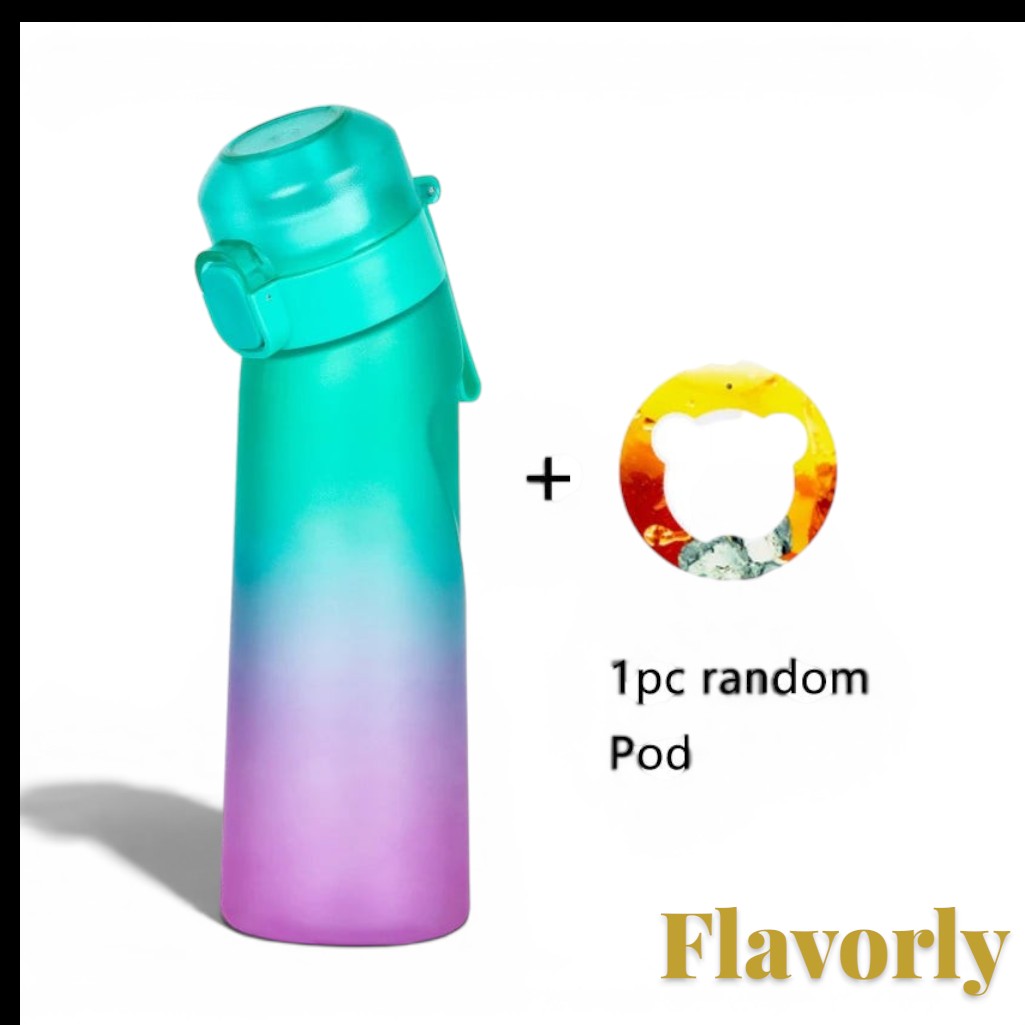 Gr8est Flavorly 650ml water bottle with teal to purple gradient finish and one included scent flavor pod
