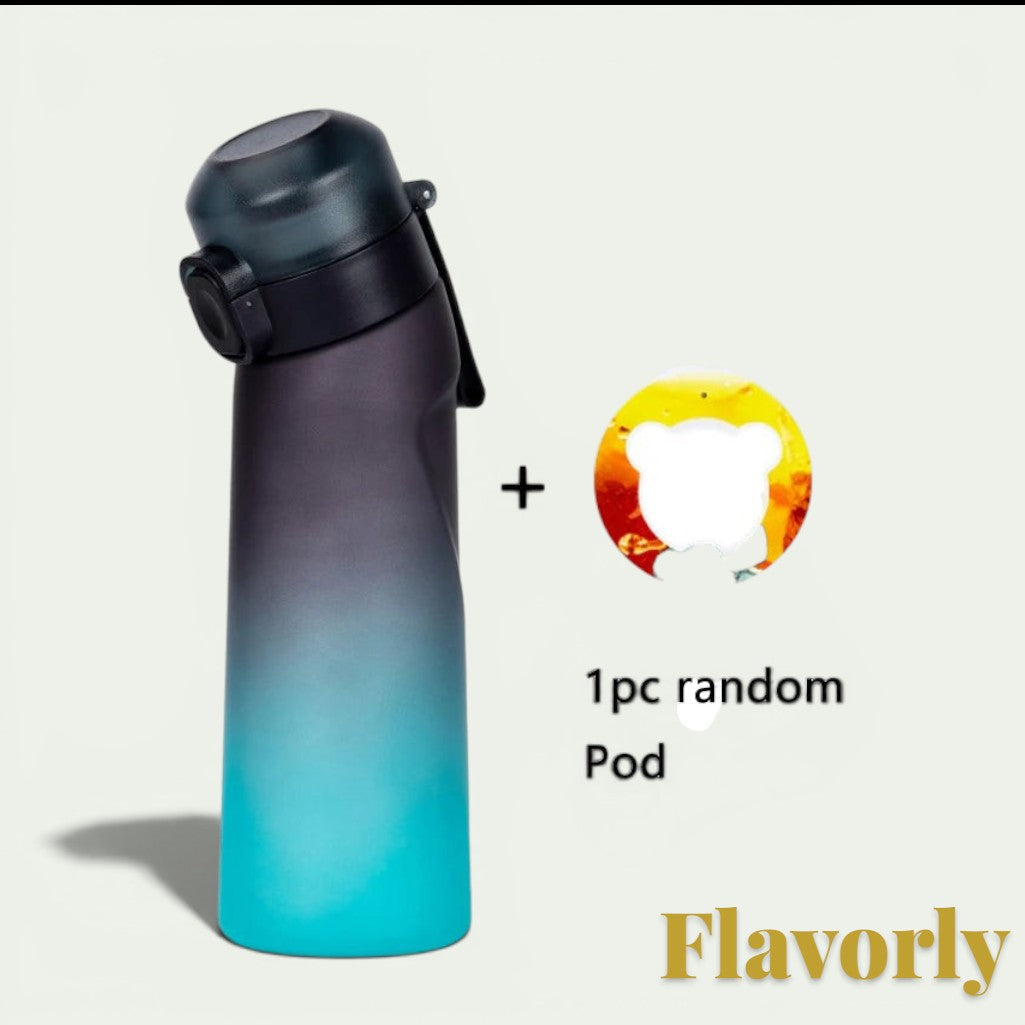 Gr8est Flavorly 650ml frosted black to teal gradient water bottle with a scent pod for calorie-free hydration.