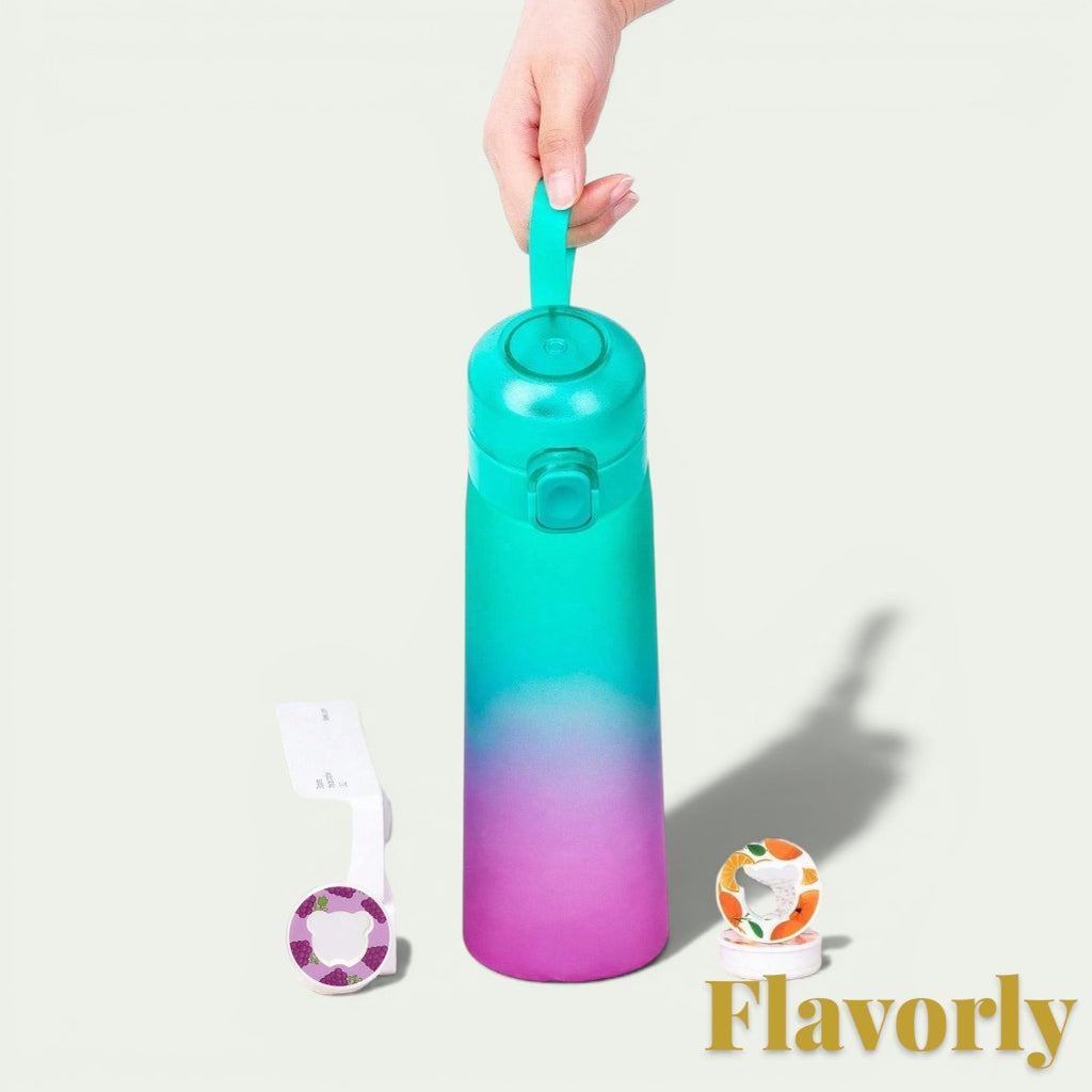 Gr8est Flavorly 650ml water bottle with teal to purple gradient finish, carrying strap, and scented flavor pods.