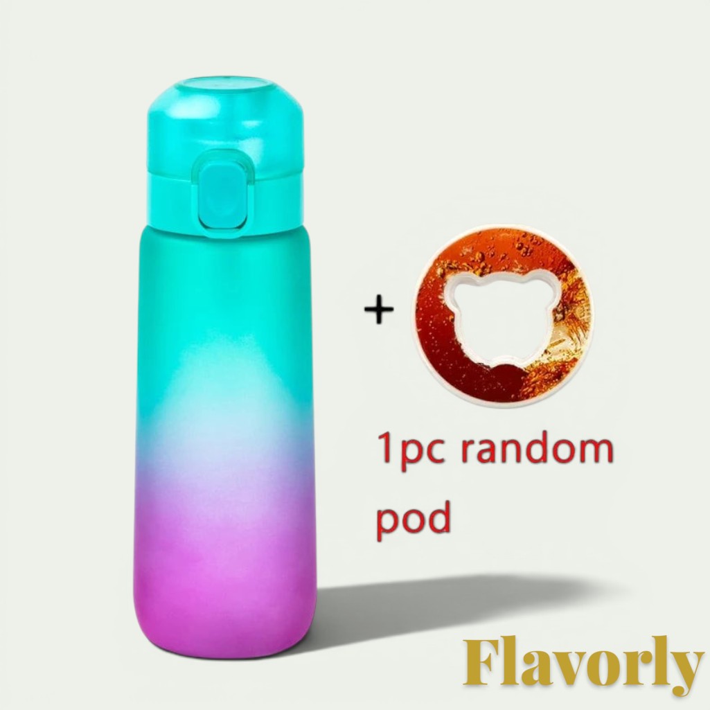 Gr8est Flavorly 650ml water bottle with teal to purple gradient finish and one included scent flavor pod