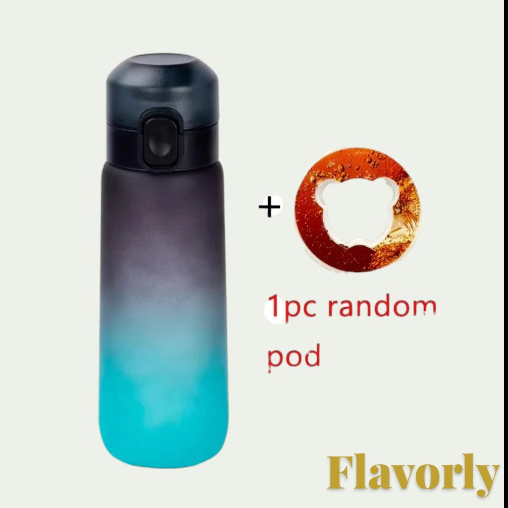 Gr8est Flavorly 650ml frosted black and teal gradient water bottle with a scent flavor pod for sugar-free hydration.
