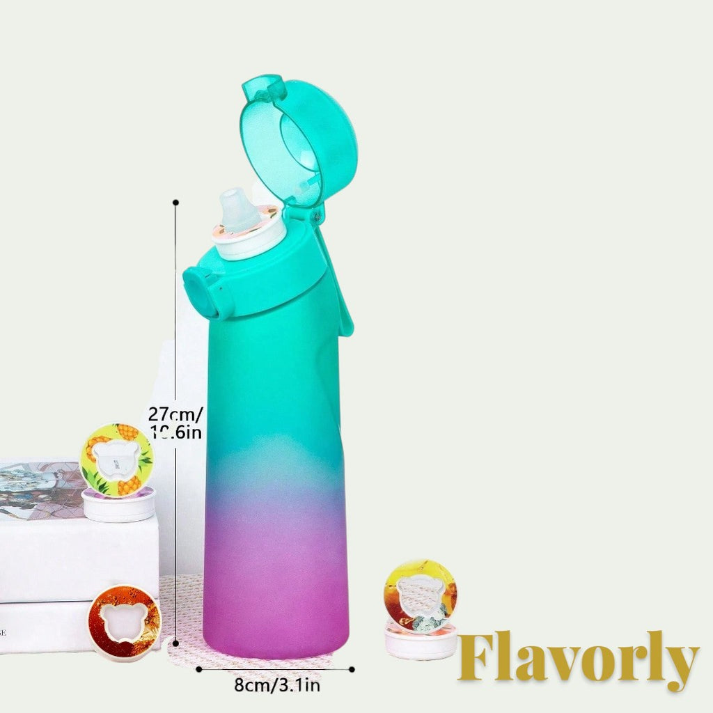 Gr8est Flavorly scent pod water bottle in a teal and purple gradient frosted finish with an open lid and flavor pods.
