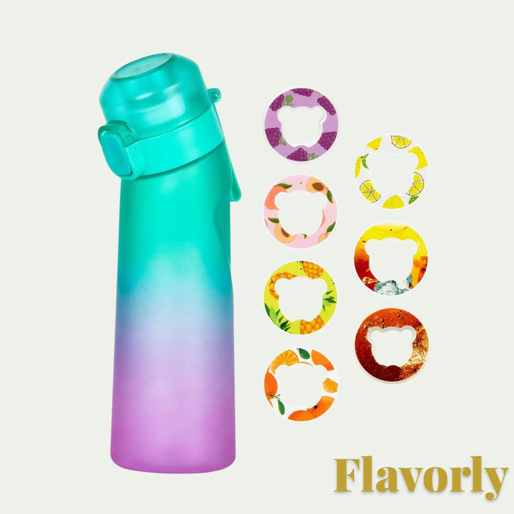 Gr8est Flavorly scent pod water bottle in a teal to purple gradient with six assorted fruit flavor rings.