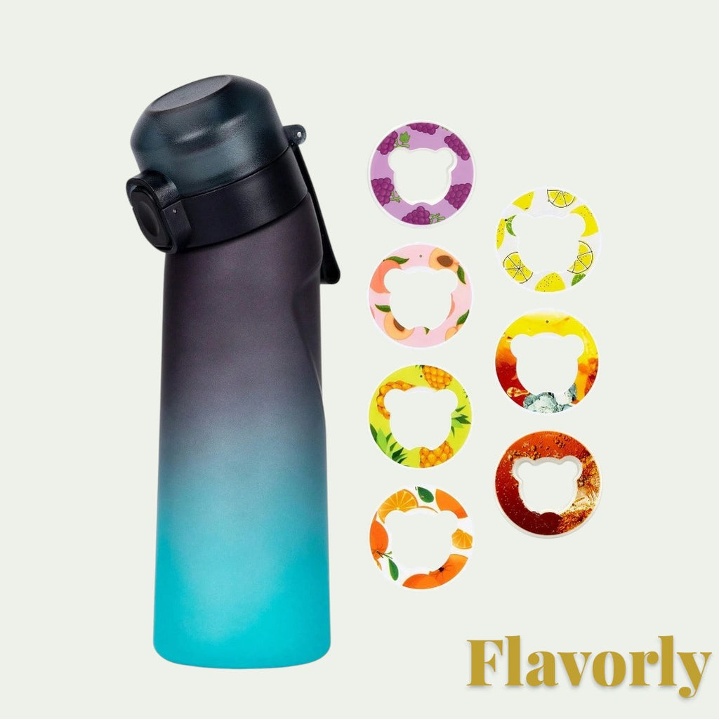 Gr8est Flavorly 650ml frosted black and teal gradient water bottle with six assorted fruit scent flavor pods