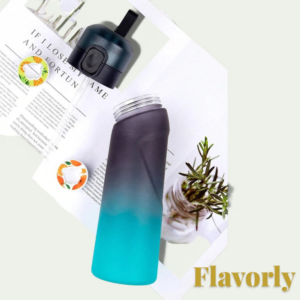 Gr8est Flavorly 650ml frosted black and teal gradient water bottle with a scent pod for calorie-free hydration.