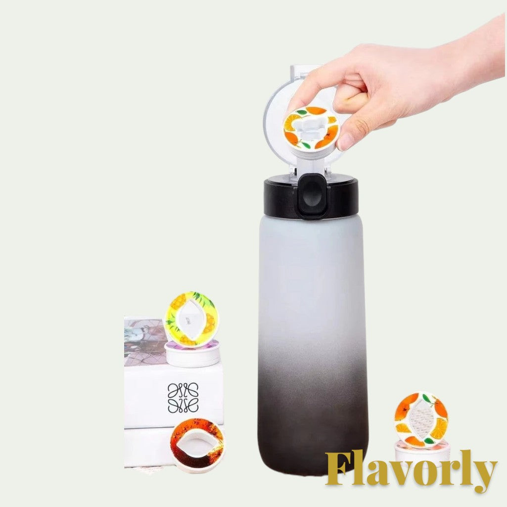 Gr8est Flavorly 650ml frosted black water bottle with a hand placing a scent pod for calorie-free hydration.