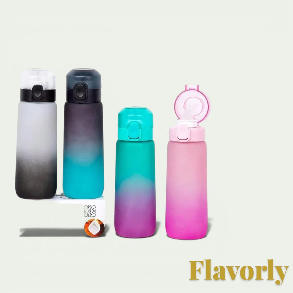 Gr8est Flavorly scent pod water bottles in frosted black, blue, and pink gradient designs for fitness and hydration.
