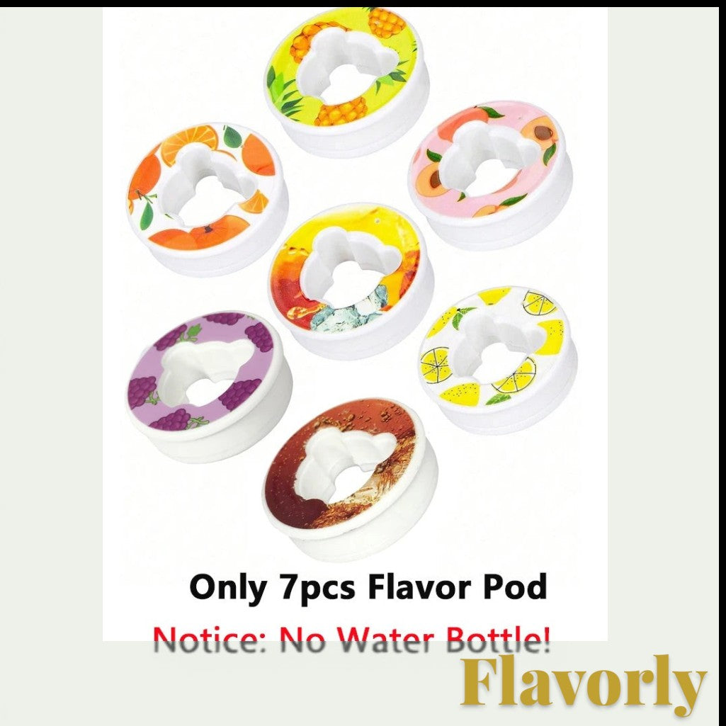 Gr8est set of 7 colorful fruit-scented flavor pods for Flavorly air water bottles, featuring various fruit designs.