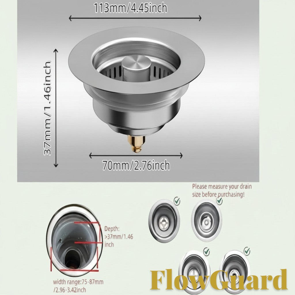 Gr8est FlowGuard 3-in-1 stainless steel pop-up sink strainer with technical dimensions for 3.5-inch drain installation