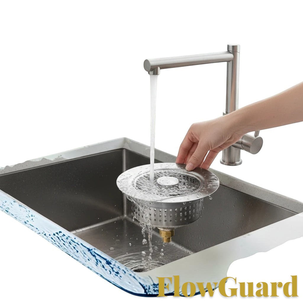 Gr8est FlowGuard stainless steel 3-in-1 pop-up sink strainer being installed in a kitchen sink under running water.