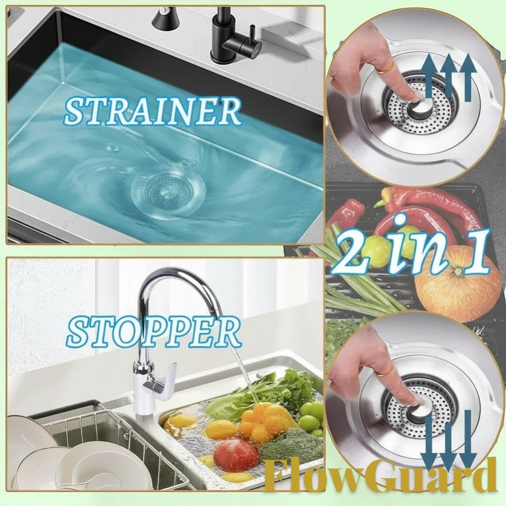 Gr8est FlowGuard 3-in-1 stainless steel pop-up sink strainer and stopper for standard 3.5-inch kitchen drains