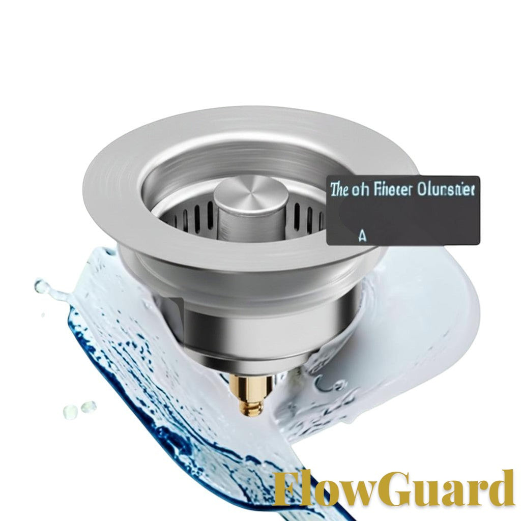 Gr8est FlowGuard 3-in-1 stainless steel pop-up sink strainer and drain stopper for 3.5-inch kitchen drains.