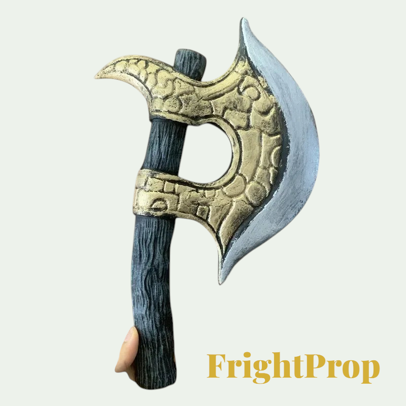Gr8est foam battle axe prop with gold and silver detailing and a textured dark wood-look handle for cosplay