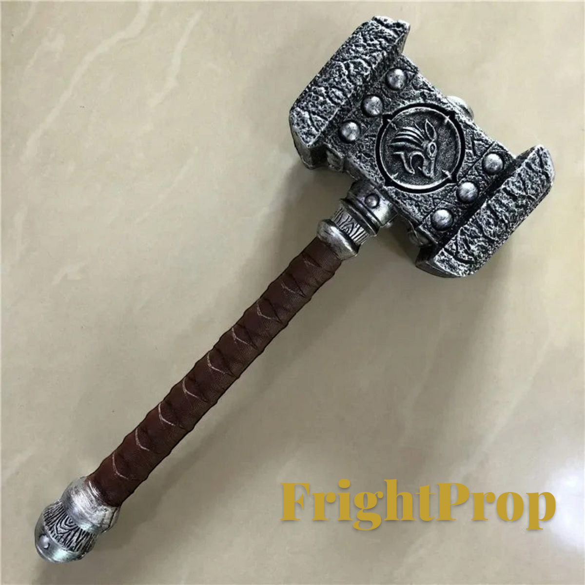 Gr8est foam hammer prop with silver textured head and brown wrapped handle for Halloween cosplay and role play