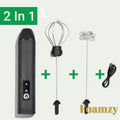 Gr8est Foamzy 2-in-1 electric handheld milk frother and egg beater with whisk attachments and charging cable.
