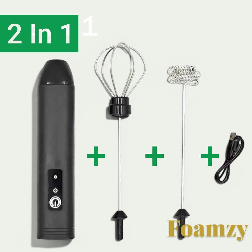 Gr8est Foamzy 2-in-1 electric handheld milk frother and egg beater with whisk attachments and charging cable.