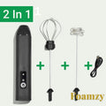 Gr8est Foamzy 2-in-1 electric handheld milk frother and egg beater with whisk attachments and charging cable.