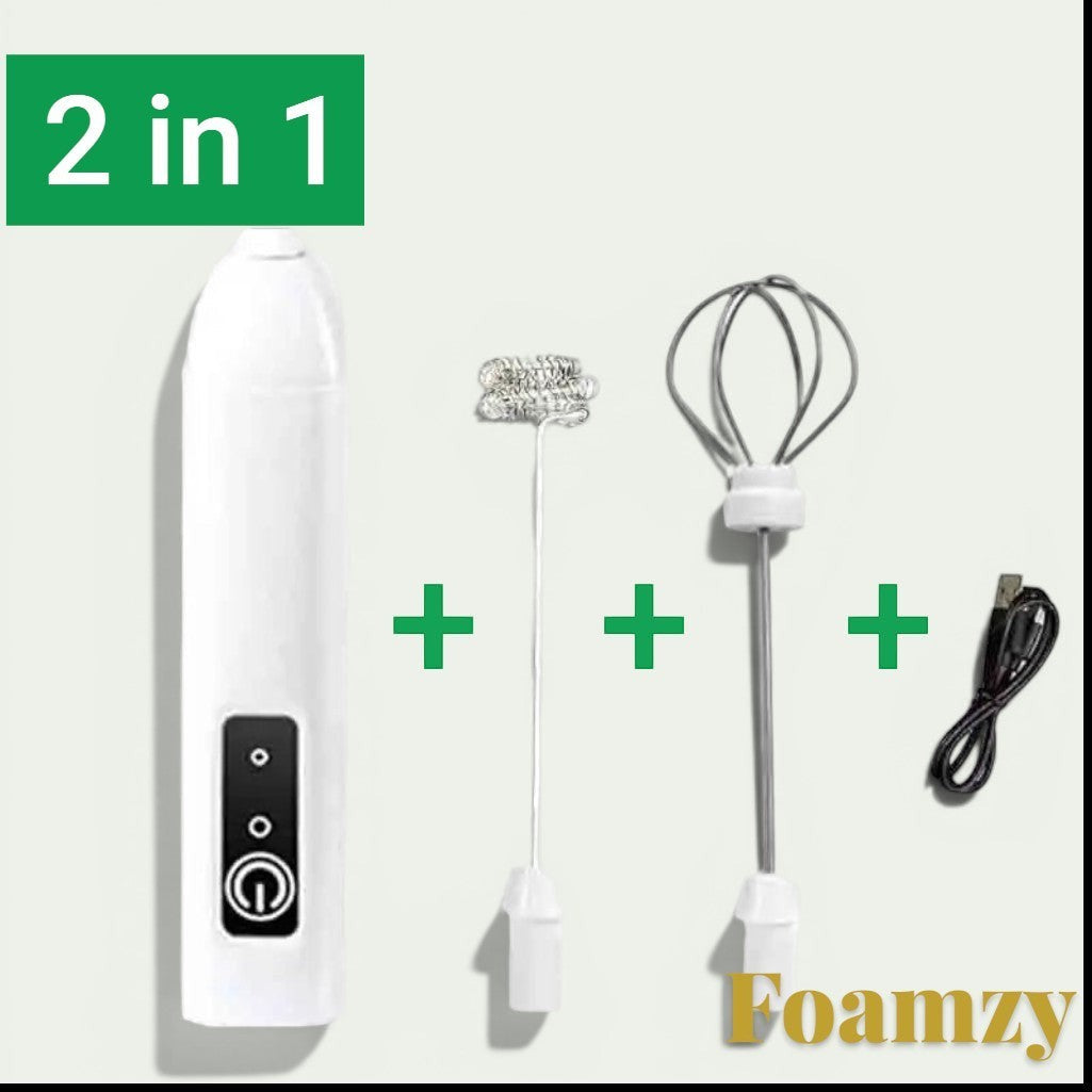 Gr8est Foamzy electric handheld milk frother and egg beater set with two interchangeable whisk heads and USB cable.