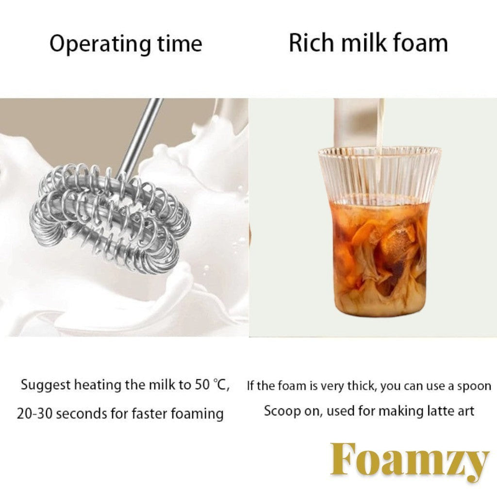 Gr8est Foamzy electric milk frother whisk head creating rich foam for coffee drinks in a glass cup.