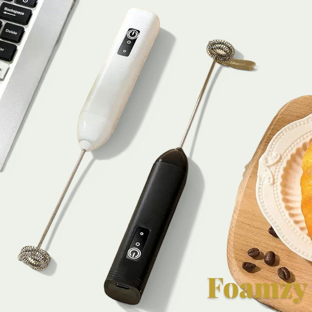 Gr8est Foamzy electric handheld milk frothers in black and white for coffee, lattes, and egg beating.