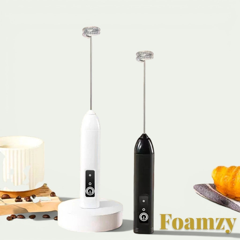 Gr8est Foamzy handheld electric milk frother and egg beater in black and white, perfect for coffee foam.