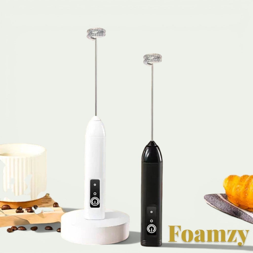 Gr8est Foamzy handheld electric milk frother and egg beater in black and white, perfect for coffee foam.