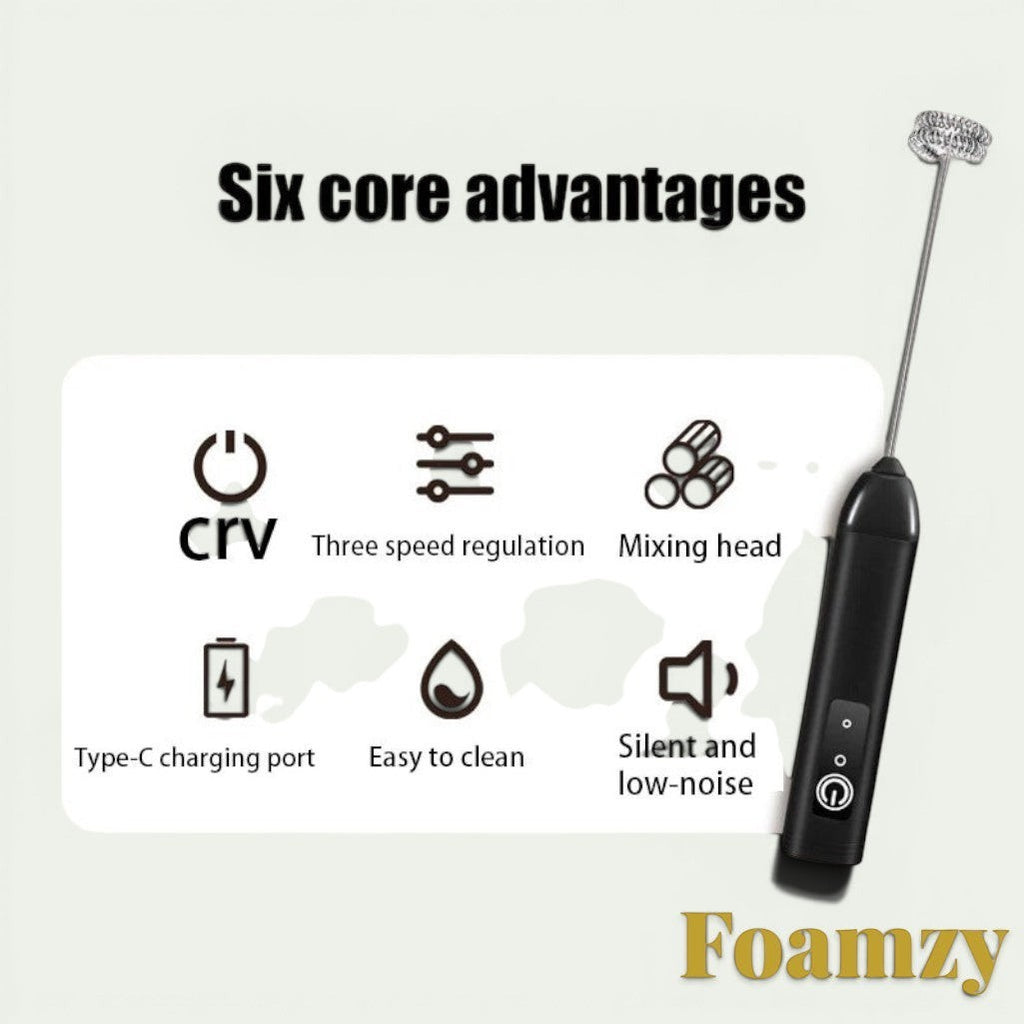 Gr8est Foamzy electric handheld milk frother in black with three speed settings and Type-C charging port