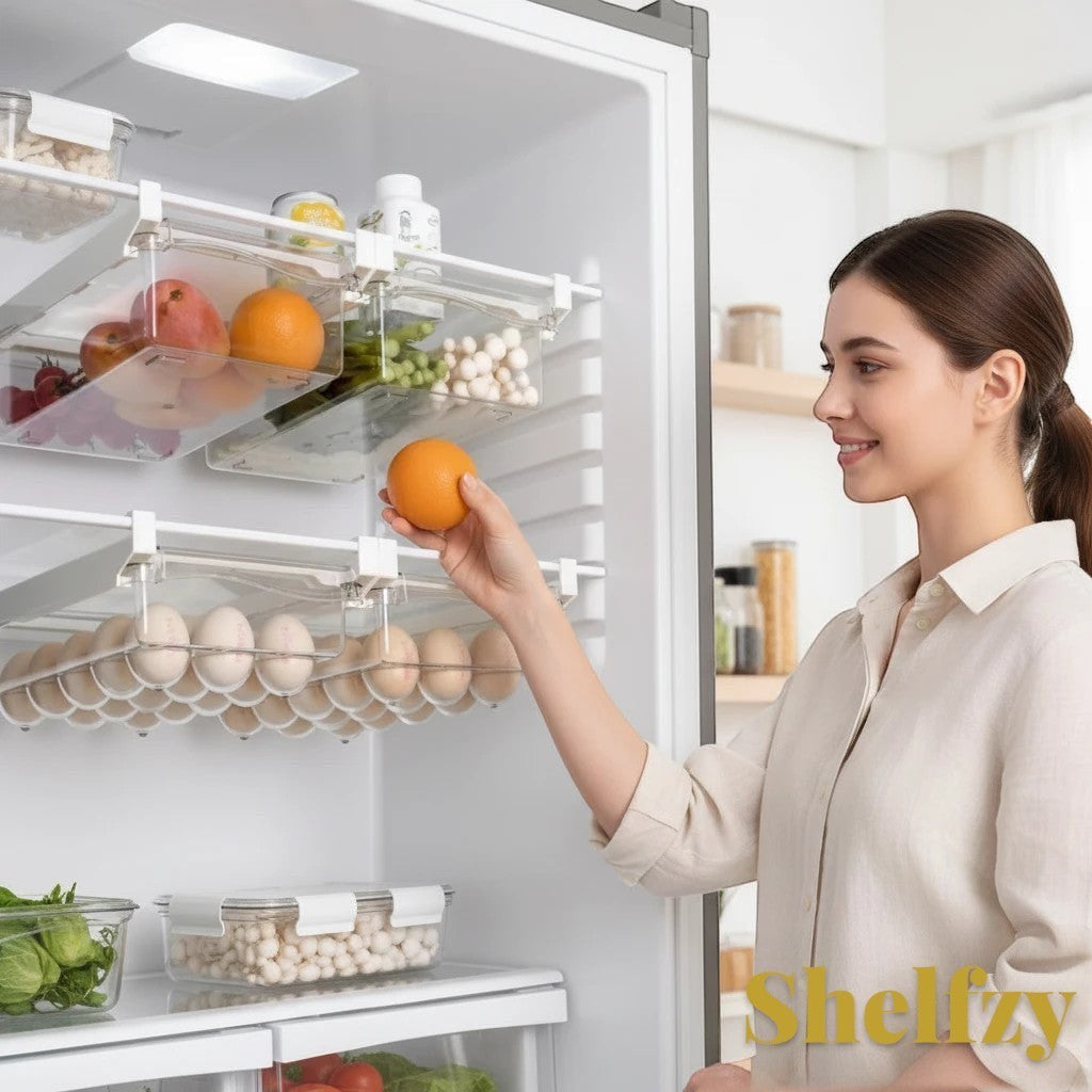 Gr8est under-shelf fridge drawer organizer holding eggs and fruit, used by a woman in a bright kitchen refrigerator.
