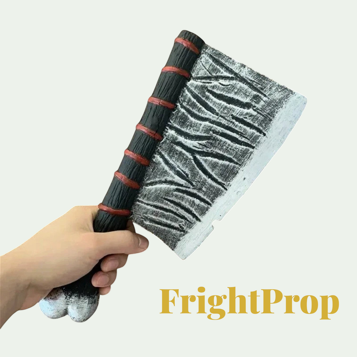 Gr8est FrightProp soft PU rubber cleaver costume prop with a weathered silver blade and black handle for cosplay.