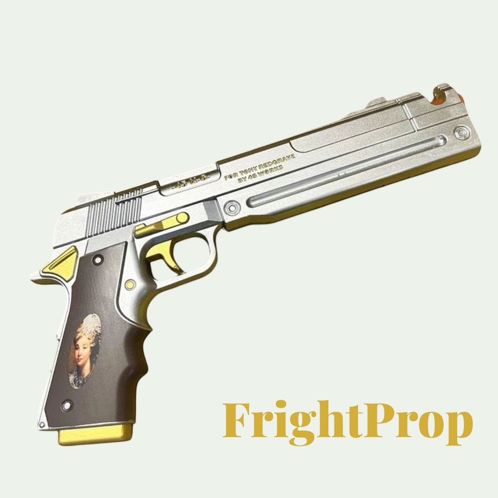 Gr8est FrightProp silver and gold cosplay pistol prop with detailed handle design for Halloween costumes
