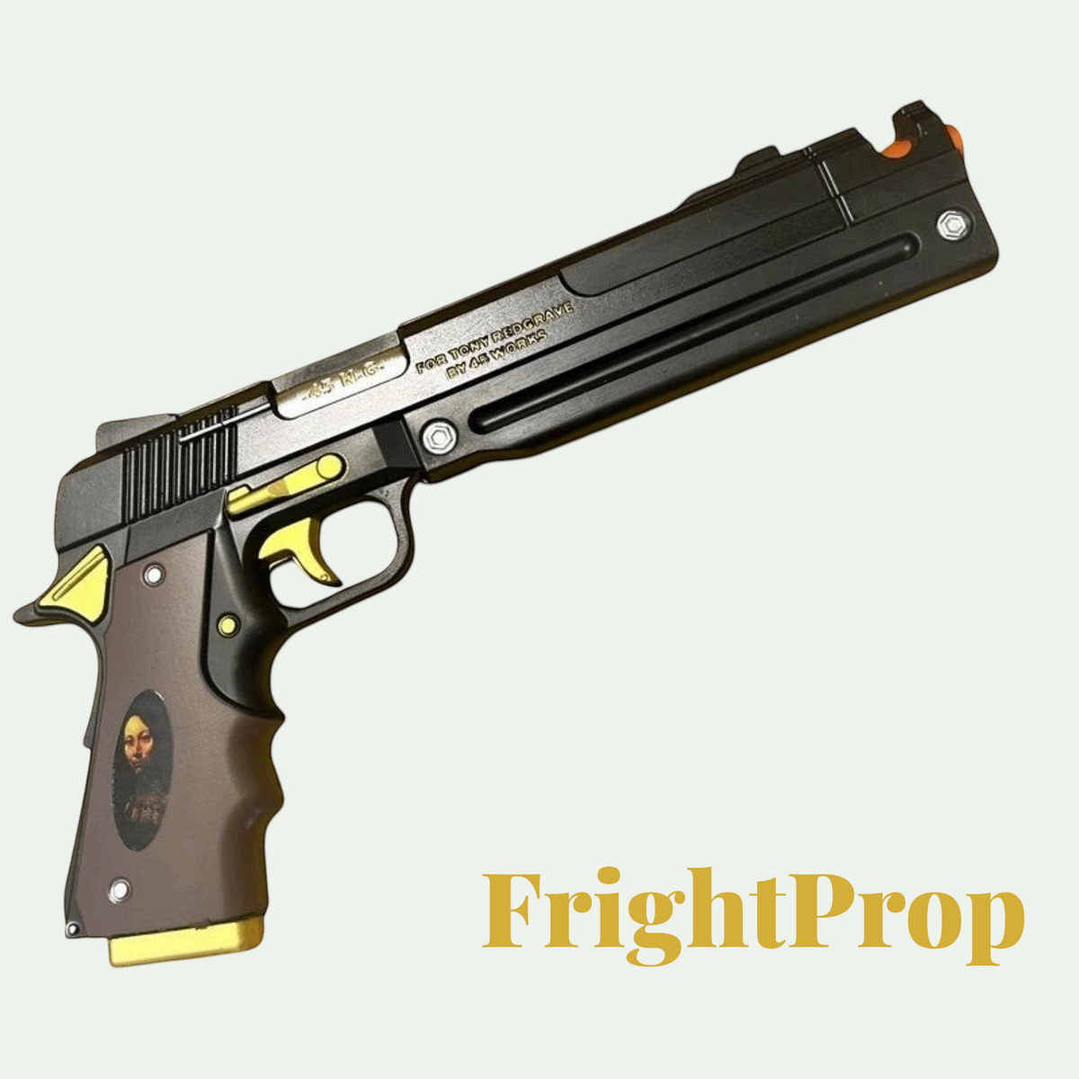 Gr8est FrightProp cosplay pistol replica with black barrel, brown grip, and gold accents for Halloween role play