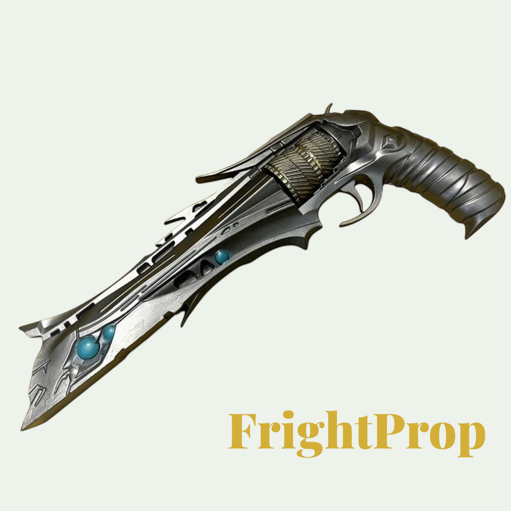 Gr8est FrightProp fantasy revolver cosplay prop in metallic grey with blue accents and intricate mechanical details.