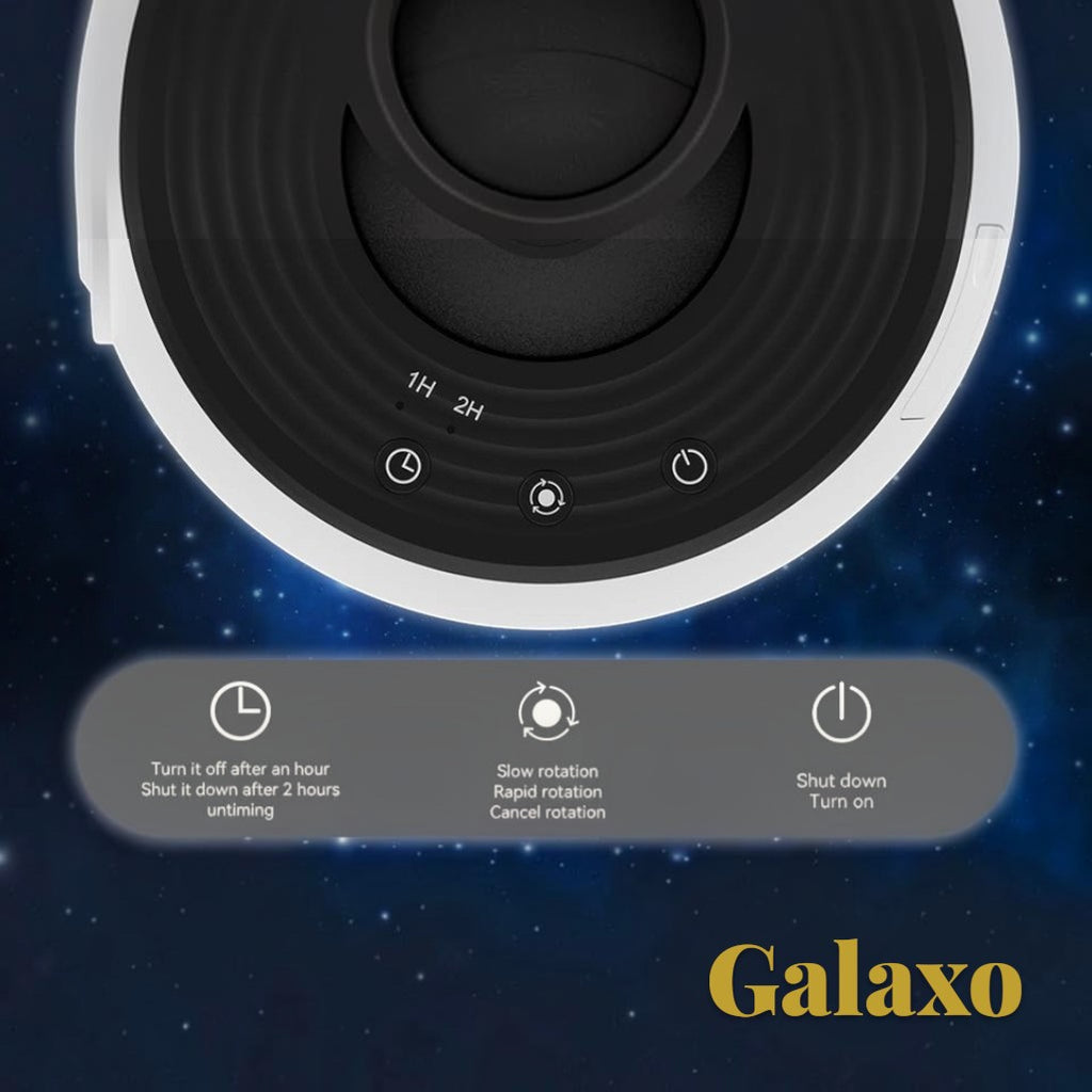 Gr8est Galaxo 12-in-1 galaxy projector top view showing touch control buttons for timer, rotation, and power settings