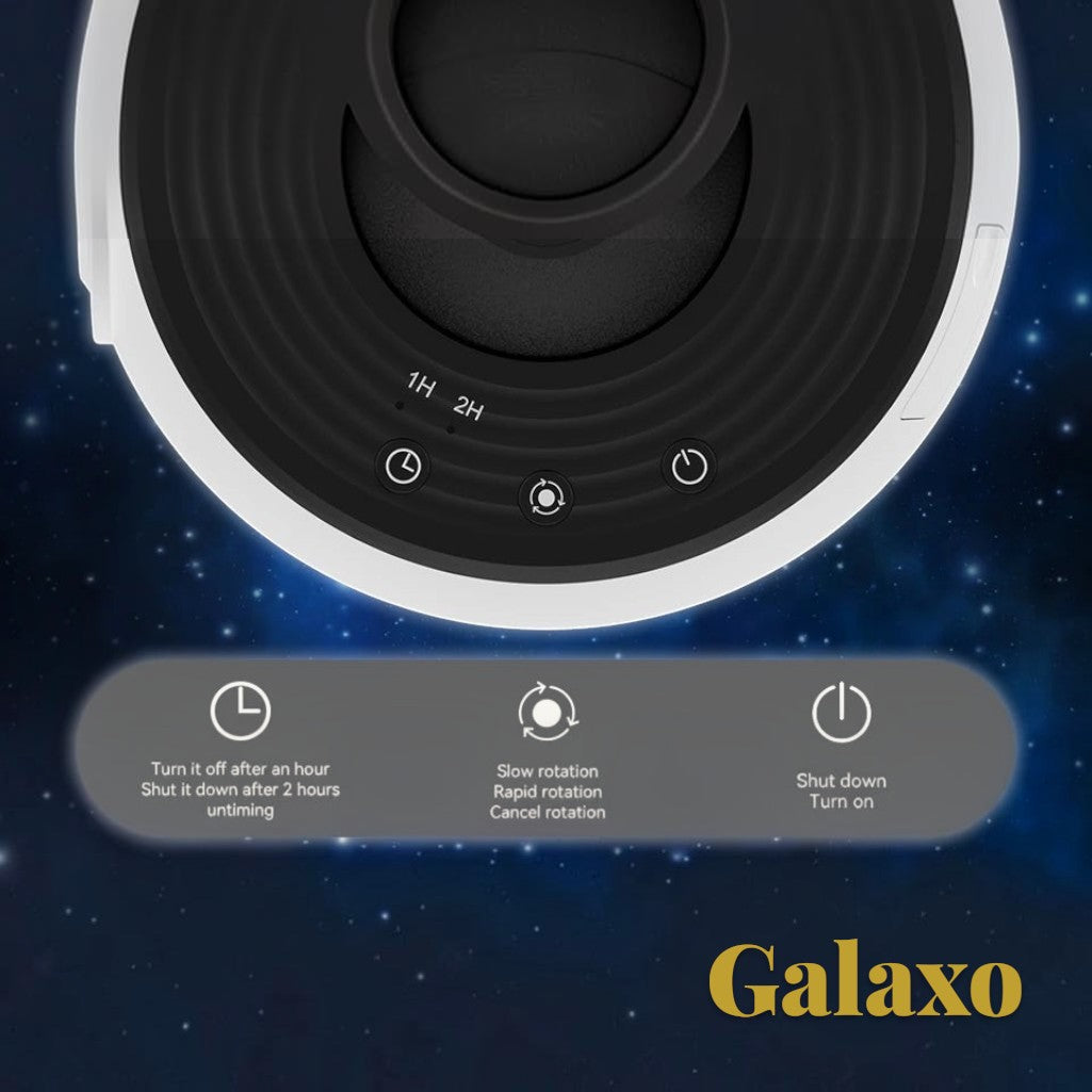 Gr8est Galaxo 12-in-1 galaxy projector top view showing touch control buttons for timer, rotation, and power settings