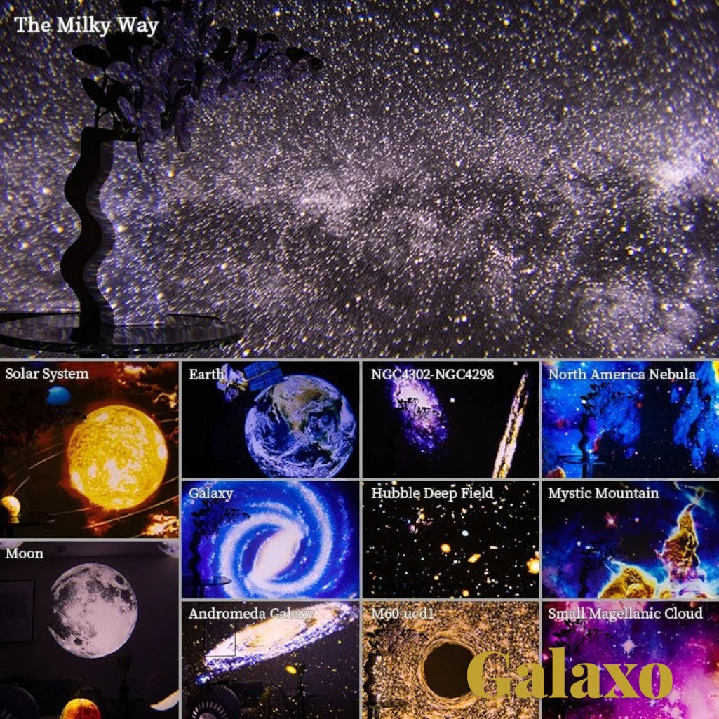 Gr8est Galaxo 12-in-1 HD galaxy projector displaying various cosmic scenes like the Milky Way, planets, and nebulae.