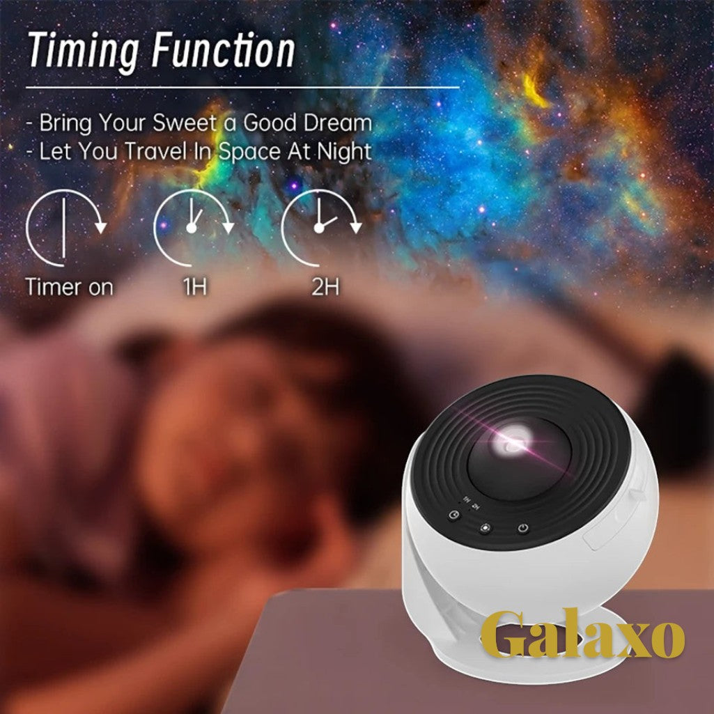 Gr8est Galaxo 12-in-1 HD galaxy projector with timer function, displaying a vibrant nebula on a bedroom ceiling.