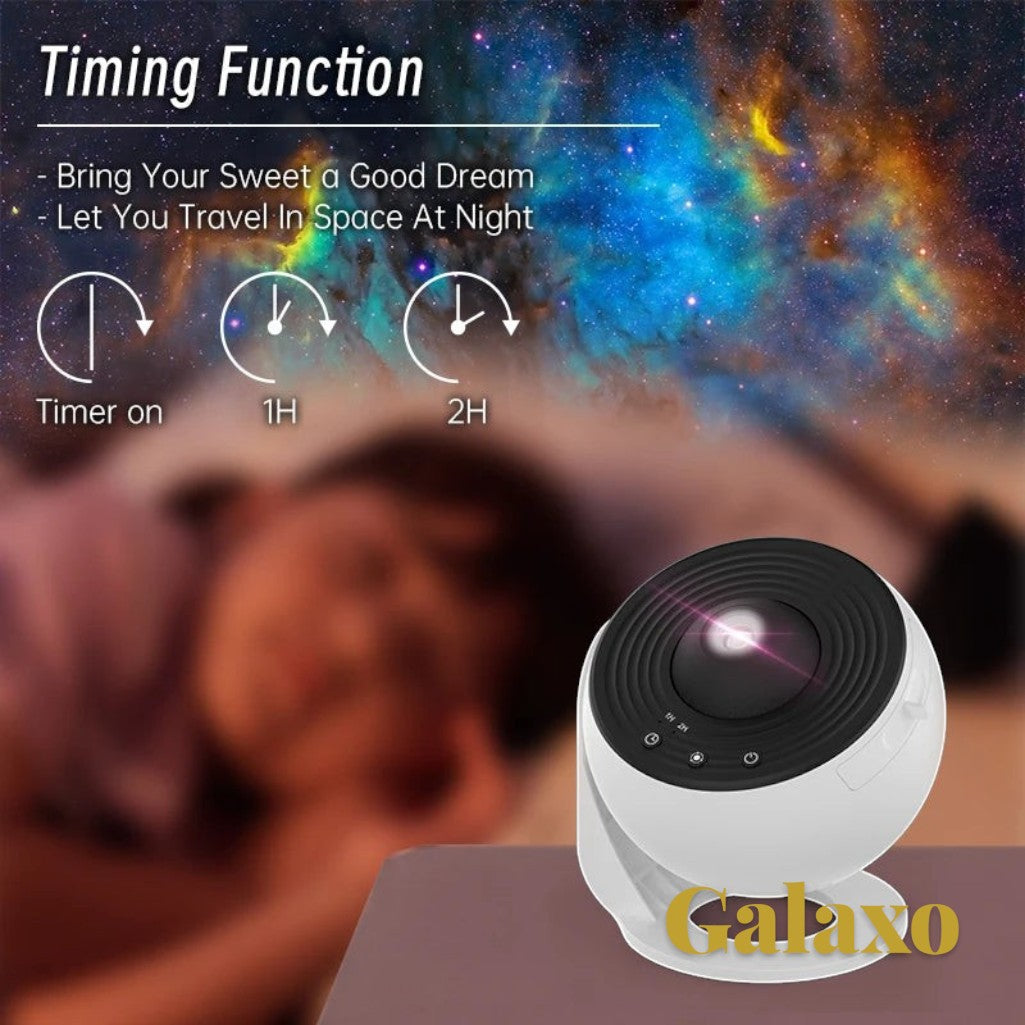 Gr8est Galaxo 12-in-1 HD galaxy projector with timer settings displayed against a vibrant nebula background