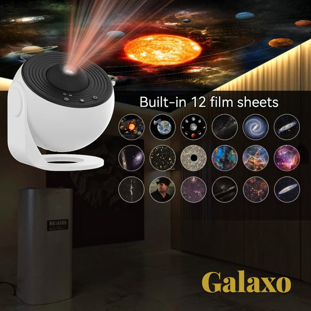 Gr8est Galaxo 12-in-1 HD galaxy projector with 360-degree rotation and interchangeable cosmic film discs
