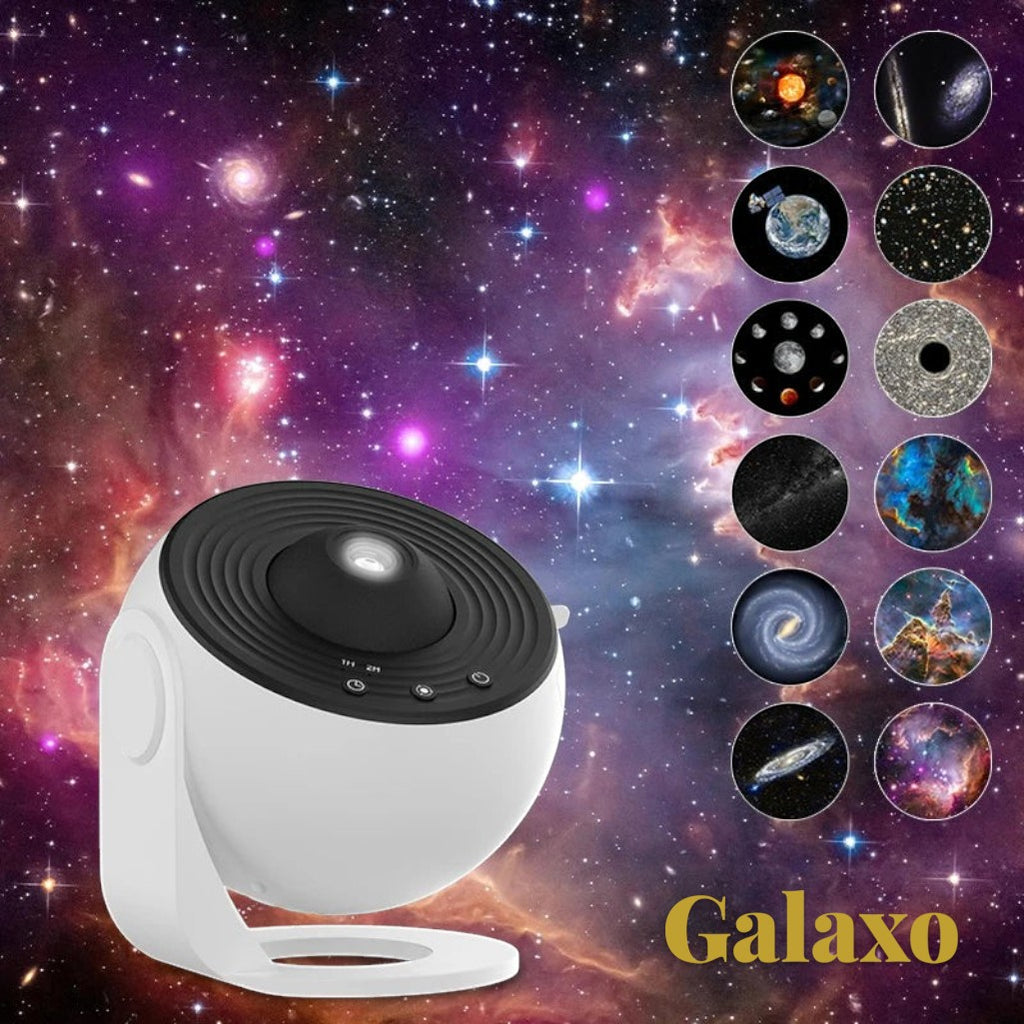 Gr8est Galaxo 12-in-1 HD galaxy projector with white rotating body and twelve interchangeable cosmic film discs.