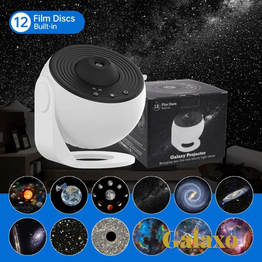 Gr8est Galaxo 12-in-1 HD galaxy projector with white rotating body, 12 film discs, and celestial projection effects.