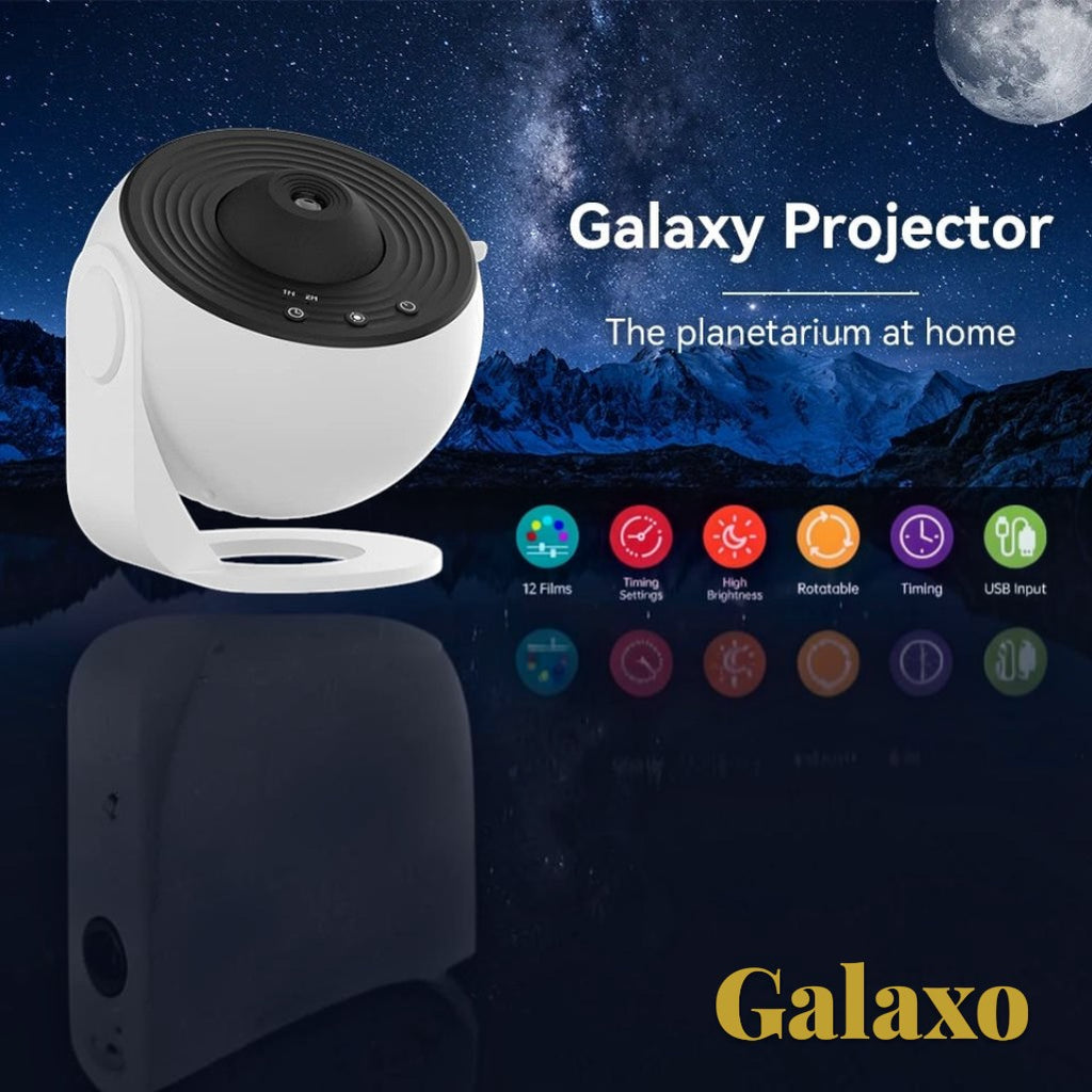 Gr8est Galaxo 12-in-1 HD galaxy projector in white and black with 360-degree rotation for home planetarium experience