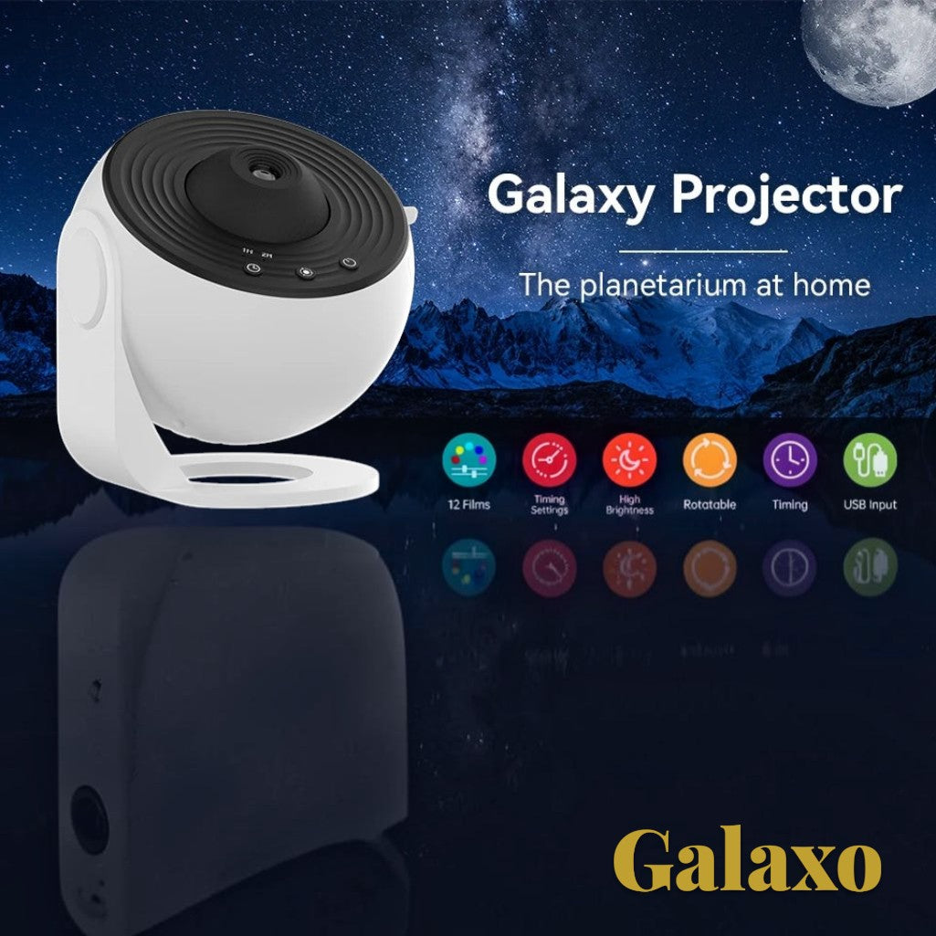 Gr8est Galaxo 12-in-1 HD galaxy projector in white and black with 360-degree rotation for home planetarium experience
