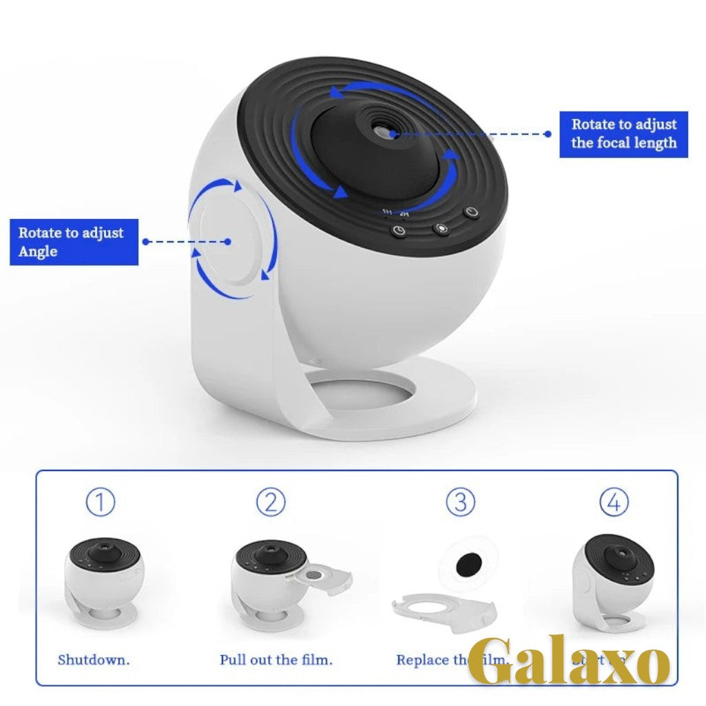 Gr8est Galaxo 12-in-1 HD galaxy projector in white with adjustable focus and 360-degree rotation for bedroom decor.