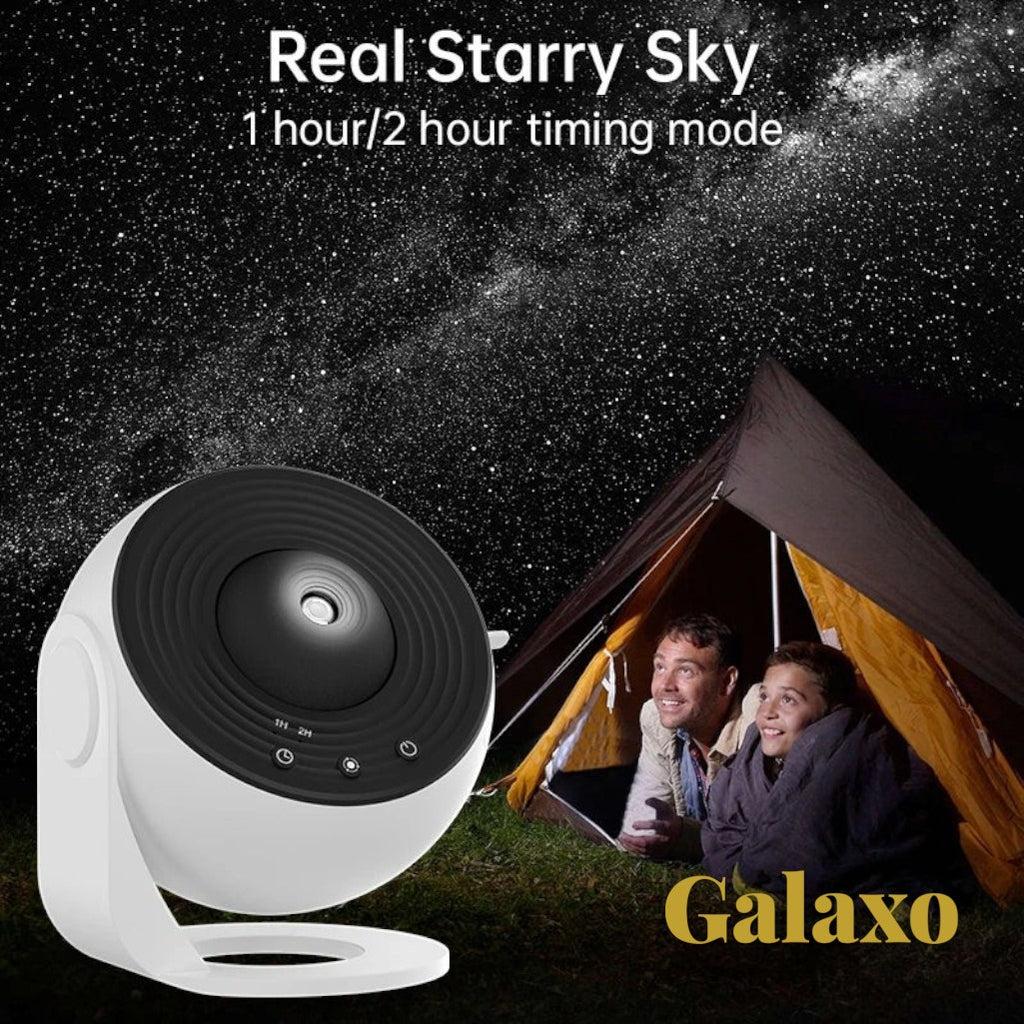 Gr8est Galaxo 12-in-1 HD galaxy projector showing a starry sky projection next to a father and son in a tent.