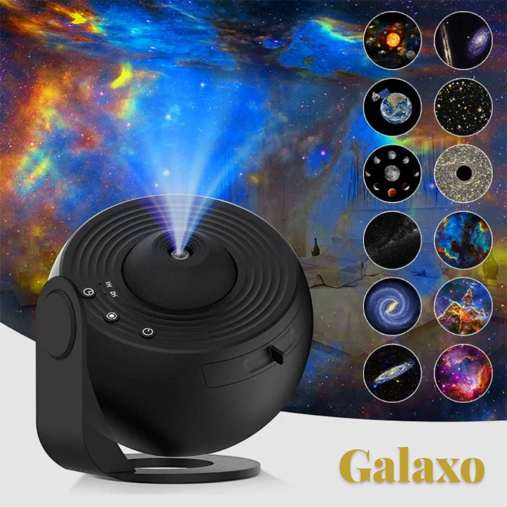 Gr8est Galaxo 12-in-1 HD galaxy projector in black with 12 interchangeable cosmic film scenes for bedroom ambiance