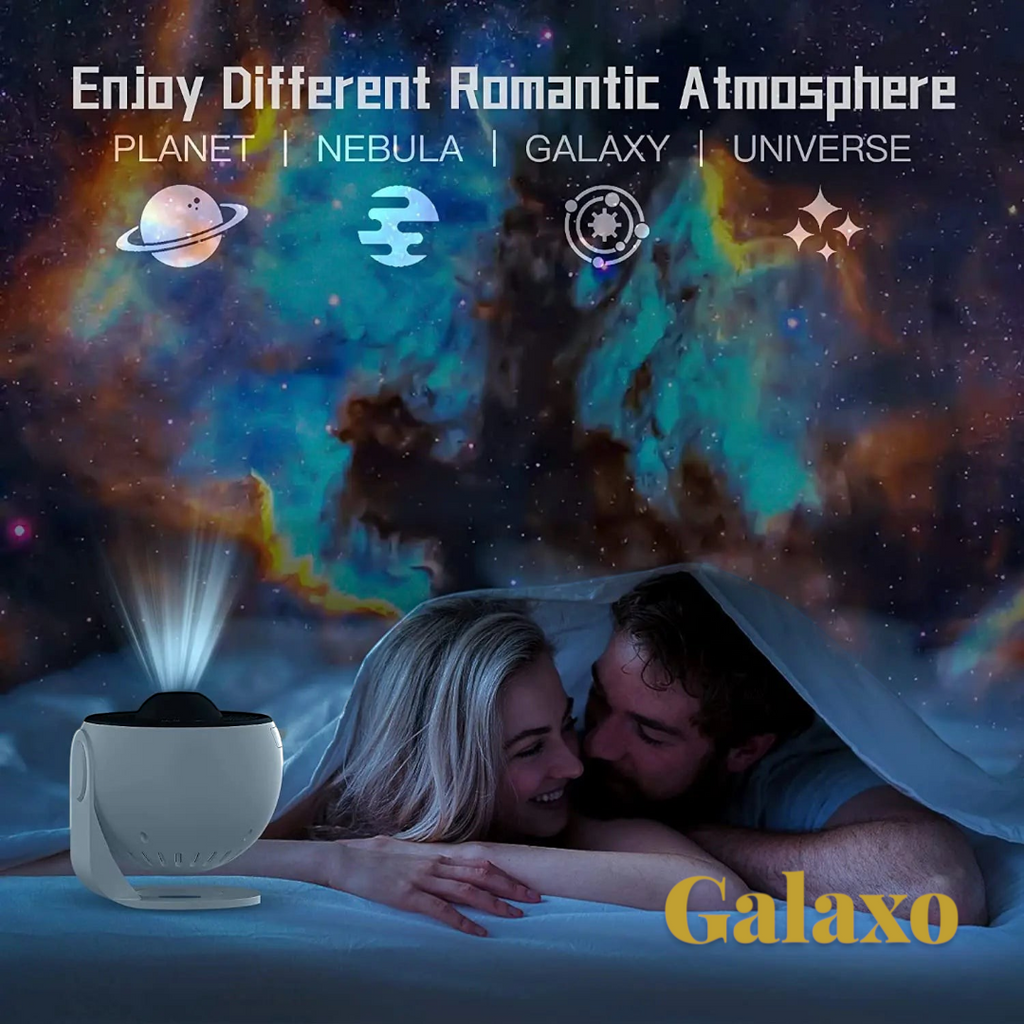 Gr8est 13-in-1 planetarium galaxy projector creating a romantic nebula atmosphere in a bedroom for a couple