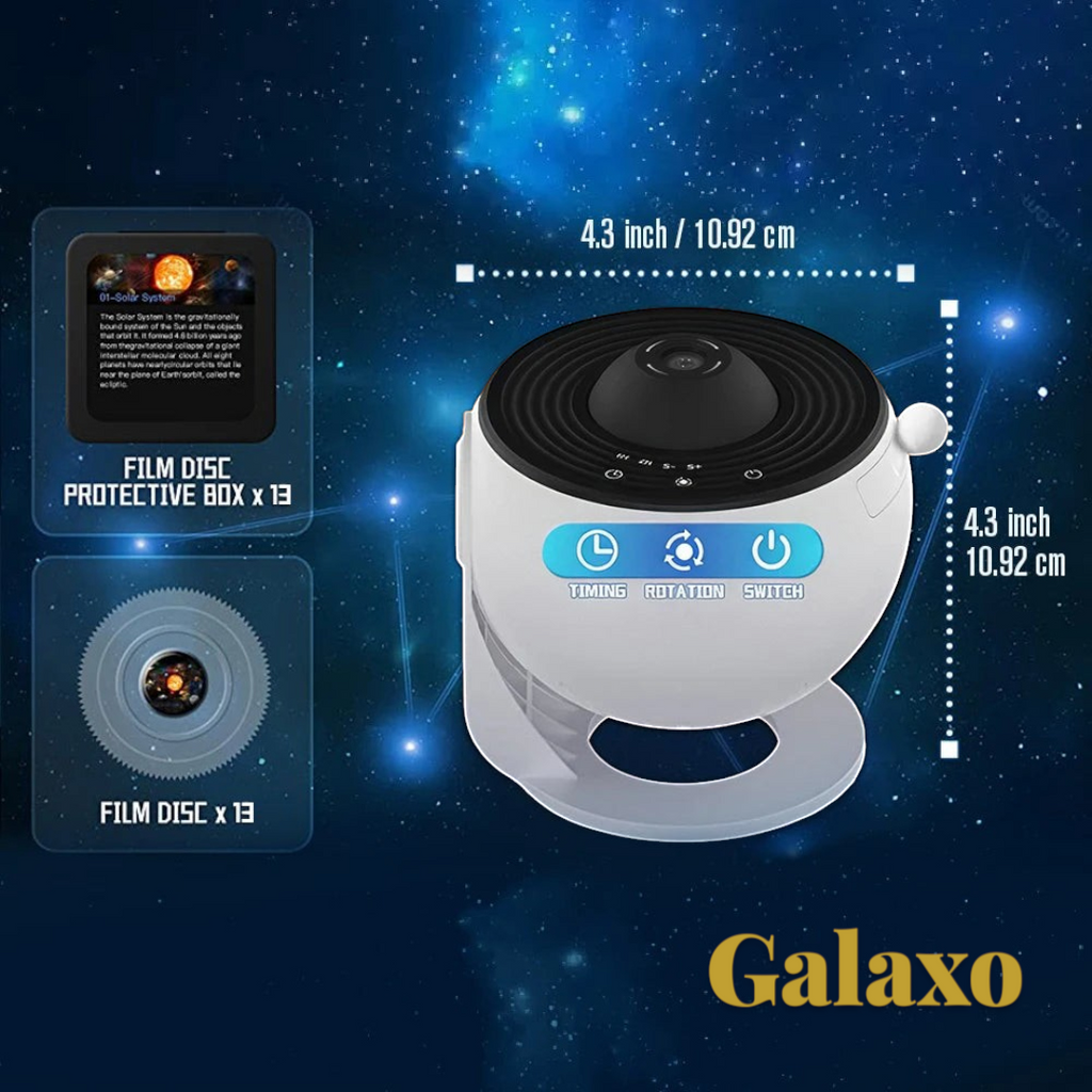 Gr8est 13-in-1 planetarium galaxy projector with film discs, showing dimensions and control buttons for night light