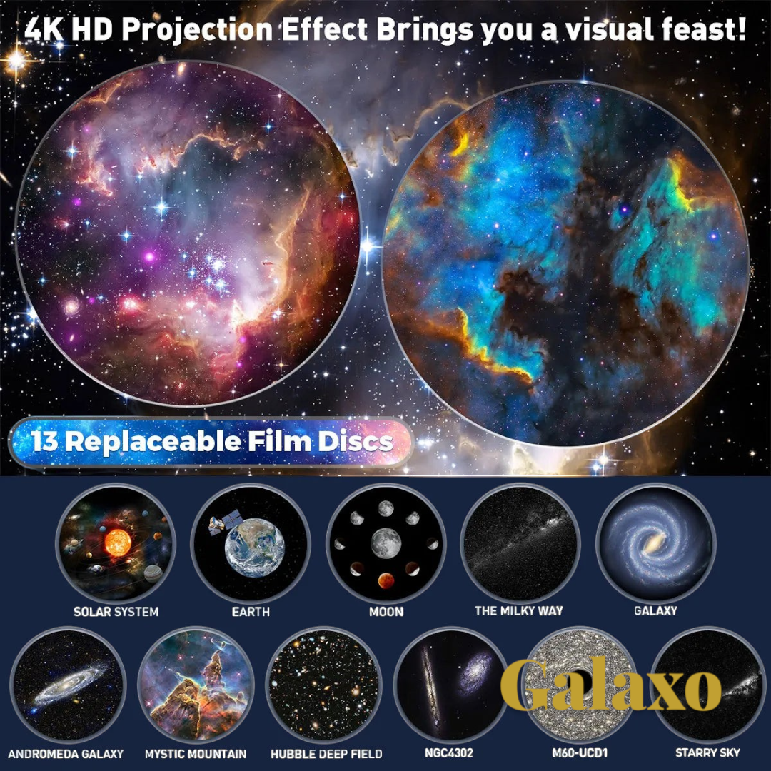 Gr8est 13-in-1 planetarium galaxy projector displaying vibrant nebula and space scenes with replaceable film discs