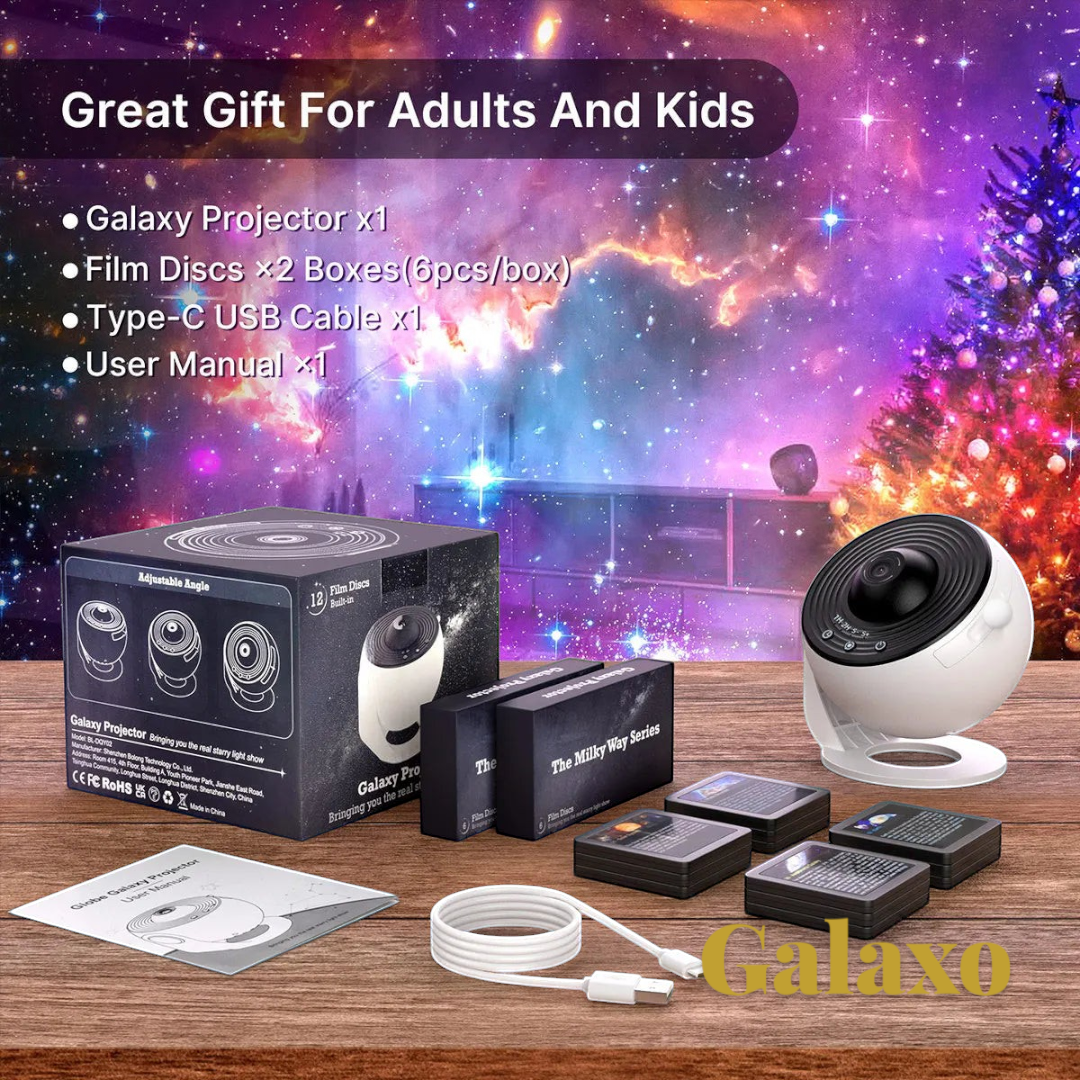 Gr8est 13-in-1 planetarium galaxy projector set with film discs, USB cable, and packaging on a wooden surface.